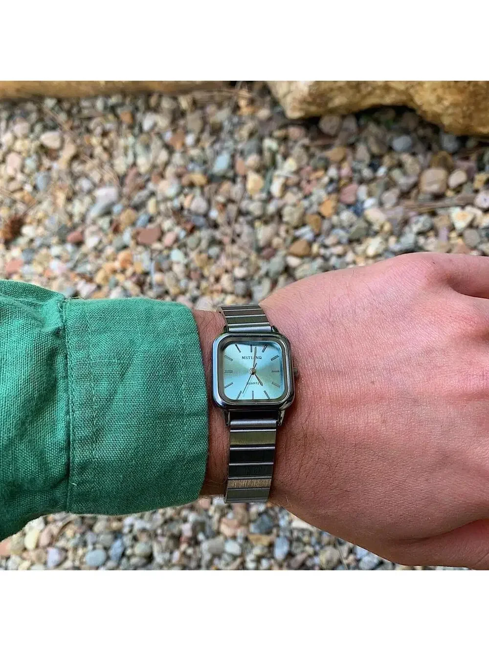 2000s Y2k style silver square blue face watch. Classy sporty style watch